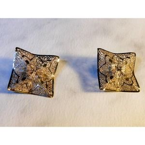 Vintage Art Deco Sterling Silver Filigree Earrings , Floral Motif,  Post Earring